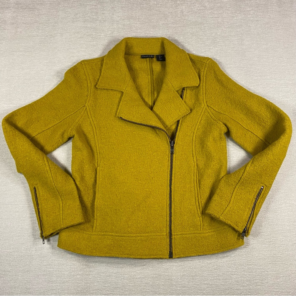 Wool Blend Mustard Moto Texture Zip Jacket Zippered Cuffs Women’s motorcycle